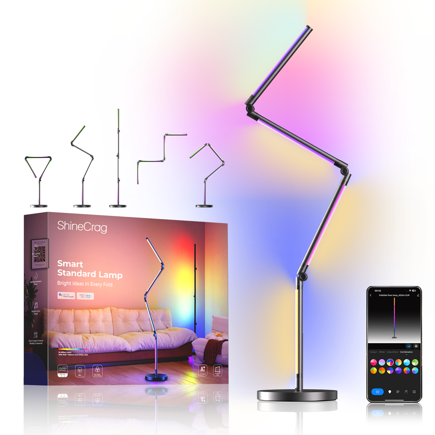 ShineCrag Smart Standard Lamps RGB - Foldable Floor Lamp 270°+180° 2700K Brightness Multiple DIY Model Remote/App/Alexa Smart Control Timer and Dimming for Home Lighting and Christmas Decor
