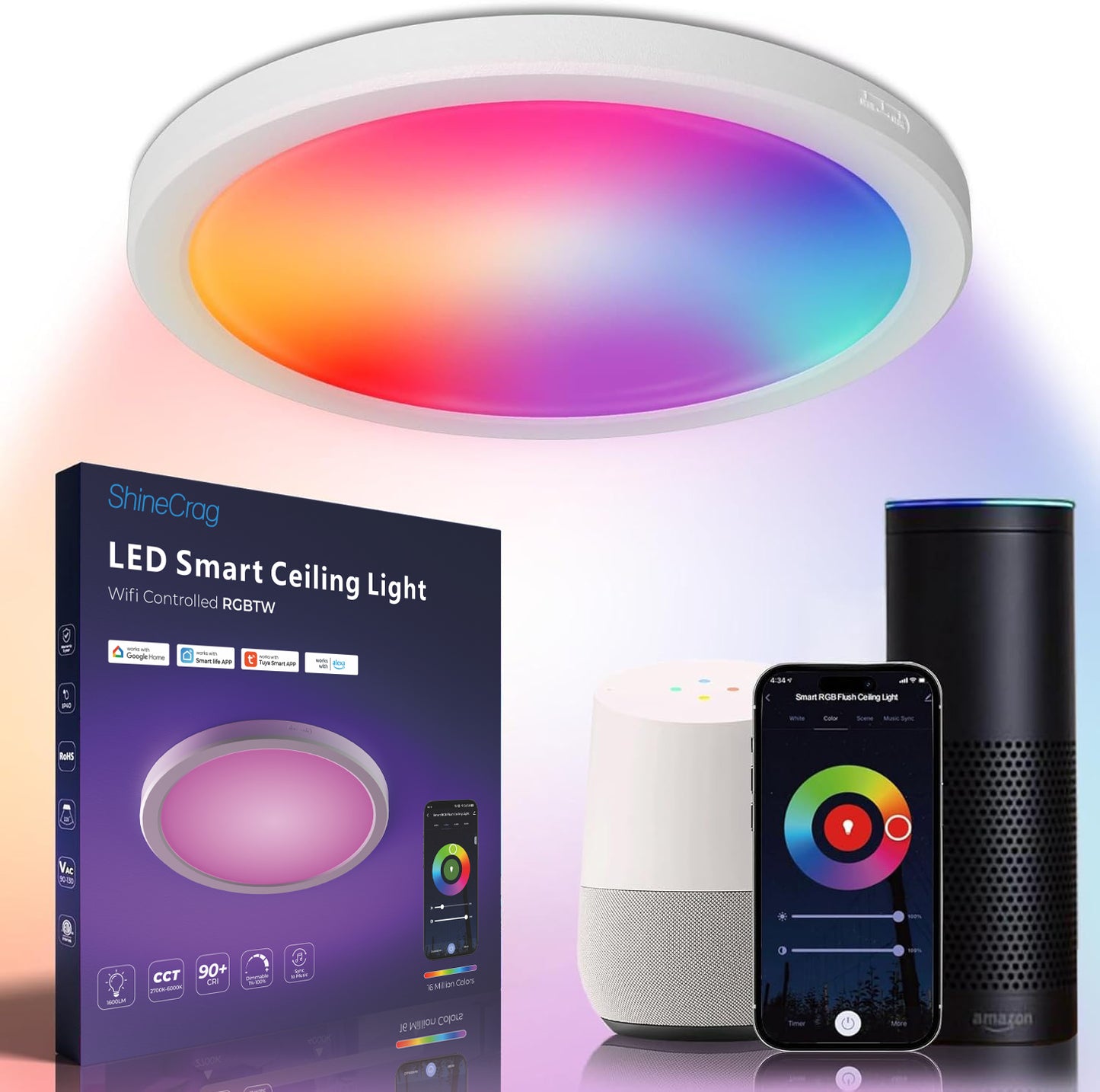 ShineCrag 12 Inch Smart Ceiling Lights, 2400LM RGBCW LED Flush Mount Ceiling Light Work with App & Voice Control, 2700K-6500K Dimmable LED Ceiling Light Fixture for Living Room Bedroom